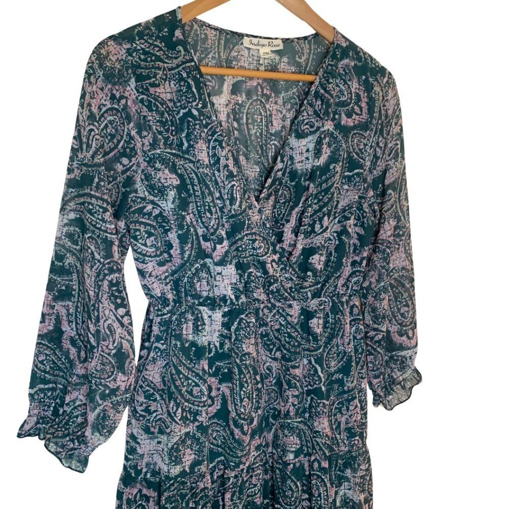 Indigo Rose Pink Dark Green Paisley Tiered Maxi Dress Size PM - Picture 4 of 7